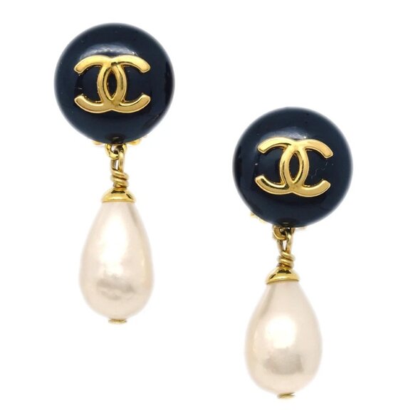 Chanel Artificial Pearl Dangle Earrings Clip-On Gold - Picture 1 of 4